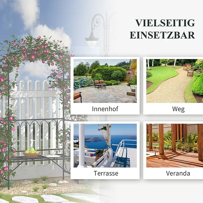 Outsunny Gartenbank - B x T x H: 50 x 50 x 203 cm, Metall, Schwarz - Schwarzer Metall-Rosenbogen mit rosa Kletterblumen, vielseitig einsetzbar in Höfen, Wegen, Terrassen und Veranden.