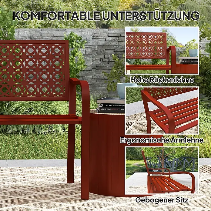 Outsunny Gartenbank - Stahl, Rot - Rote Metall-Gartenbank mit dekorativer und hoher Rückenlehne, ergonomischen Armlehnen und gebogenem Sitz für komfortablen Außenbereich.