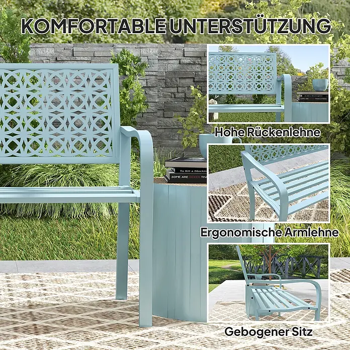 Furnicato Gartenbank pulverbeschichtet - B x T x H: 63 x 127 x 85 cm, Stahl, Blau - Hellblaue Metallgartenbank mit hoher Rückenlehne, ergonomischen Armlehnen, gebogenem Sitz und integriertem Beistelltisch, auf einer Terrasse.