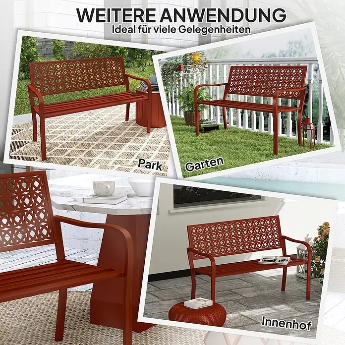 Outsunny Gartenbank - Stahl, Rot - Rote Metall-Gartenbank, vielseitig einsetzbar für Außenbereiche wie Parks, Gärten und Innenhöfe.