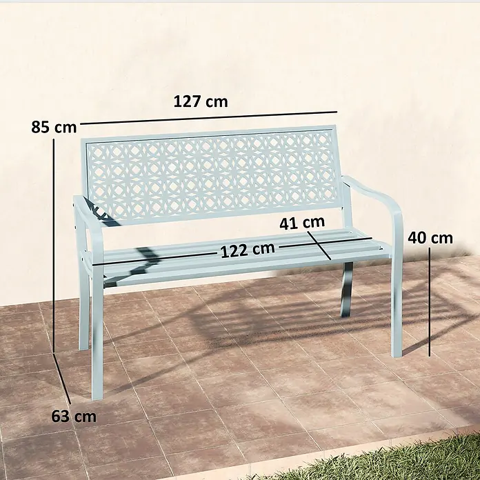 Outsunny Gartenbank - Stahl, Blau - Hellblaue Metall-Gartenbank mit dekorativer gemusterter Rückenlehne und Armlehnen. Maße sind angegeben.