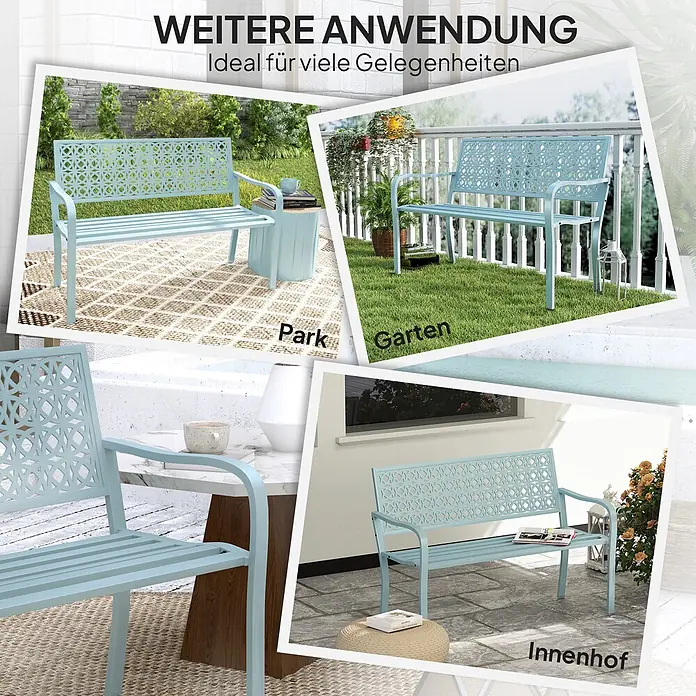 Furnicato Gartenbank pulverbeschichtet - B x T x H: 63 x 127 x 85 cm, Stahl, Blau - Eine hellblaue Metallgartenbank mit dekorativer Rückenlehne, gezeigt in verschiedenen Außenbereichen wie Park, Garten und Innenhof.