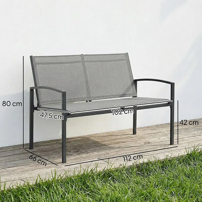 Outsunny Gartenbank - B x T x H: 66 x 66 x 80 cm, Metall, Netzstoff, Grau - Graue Metall-Gartenbank mit Netzbespannung und Rückenlehne, mit präzisen Maßen für den Außenbereich.