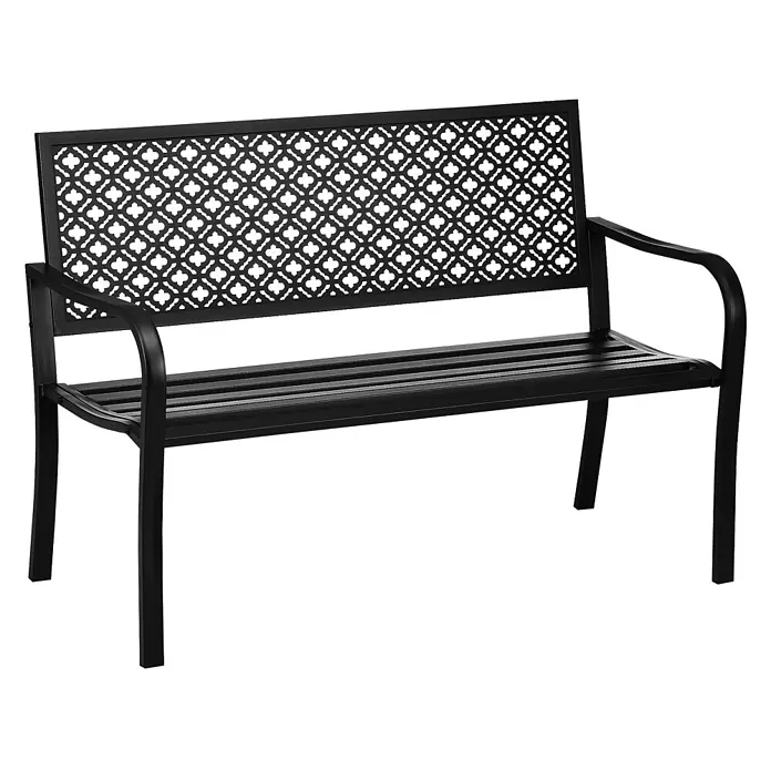 Outsunny Gartenbank - B x T x H: 63 x 63 x 83 cm, Stahl, Schwarz - Schwarze Gartenbank aus Metall mit ornamentalem Rückenteil und Lattenrostsitzfläche.