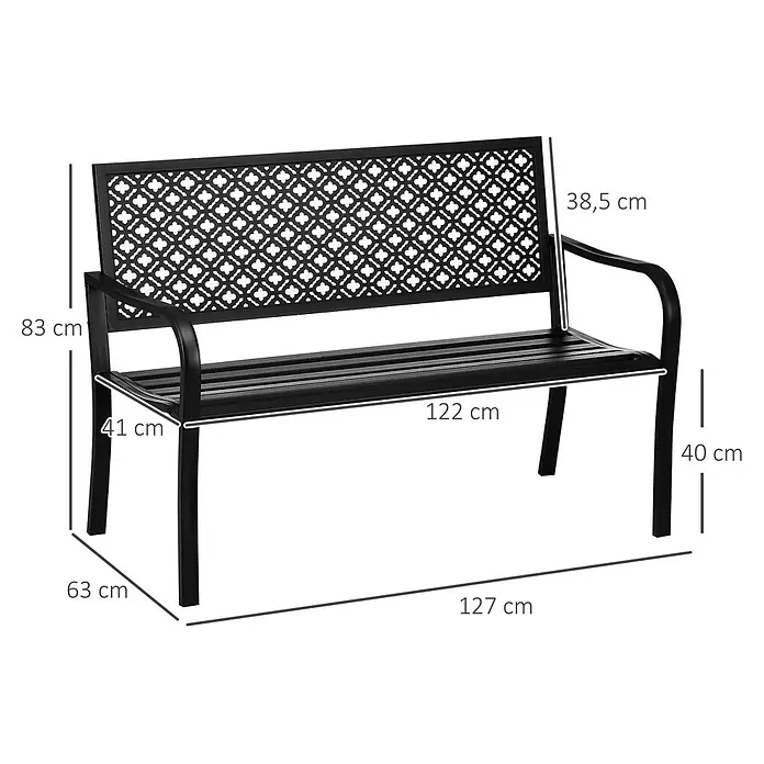 Outsunny Gartenbank - B x T x H: 63 x 63 x 83 cm, Stahl, Schwarz - Schwarze Metall-Gartenbank mit dekorativer Rückenlehne und Armlehnen für den Außenbereich.