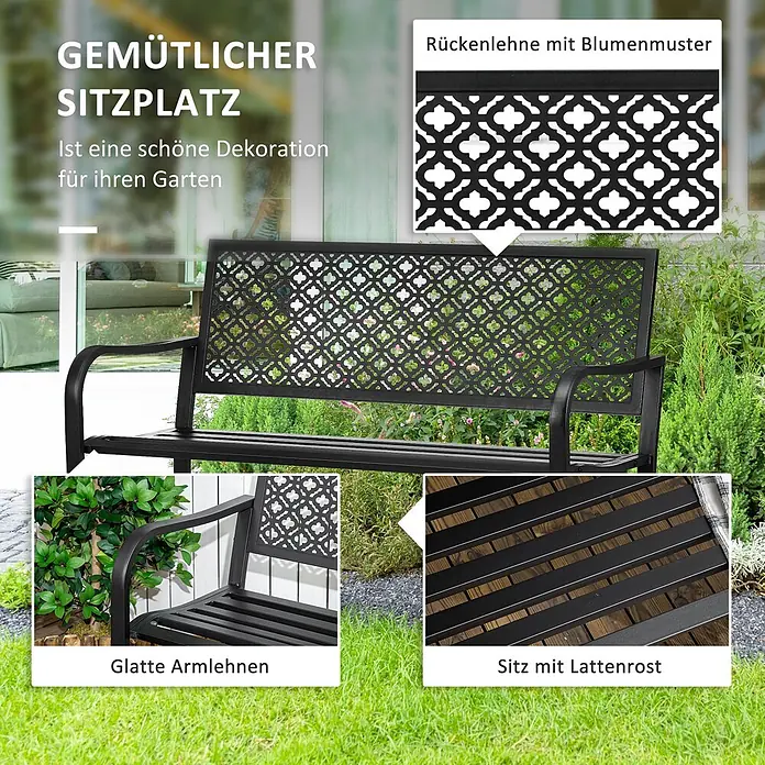Outsunny Gartenbank - B x T x H: 63 x 63 x 83 cm, Stahl, Schwarz - Schwarze Metallgartenbank mit Rückenlehne mit Blumenmuster, glatten Armlehnen und Lattenrostsitz in einem Garten.