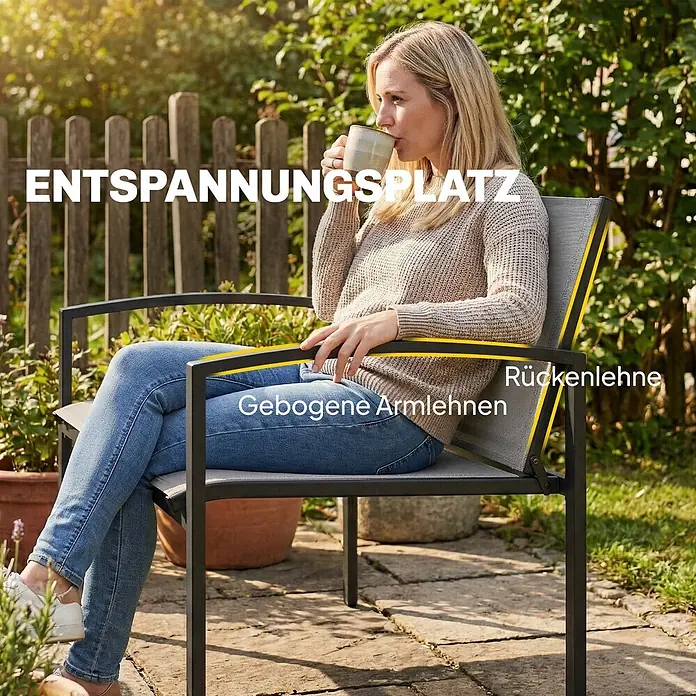 Outsunny Gartenbank - B x T x H: 66 x 66 x 80 cm, Metall, Netzstoff, Grau - Frau entspannt in einem dunkelgrauen Gartenstuhl mit hellgrauem Stoff in einer Gartenumgebung.