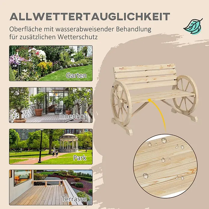 Outsunny Gartenbank - Tannenholz, Naturholz - Helle Holzgartenbank mit Wagenradseiten und wasserabweisender Behandlung für den ganzjährigen Außeneinsatz.