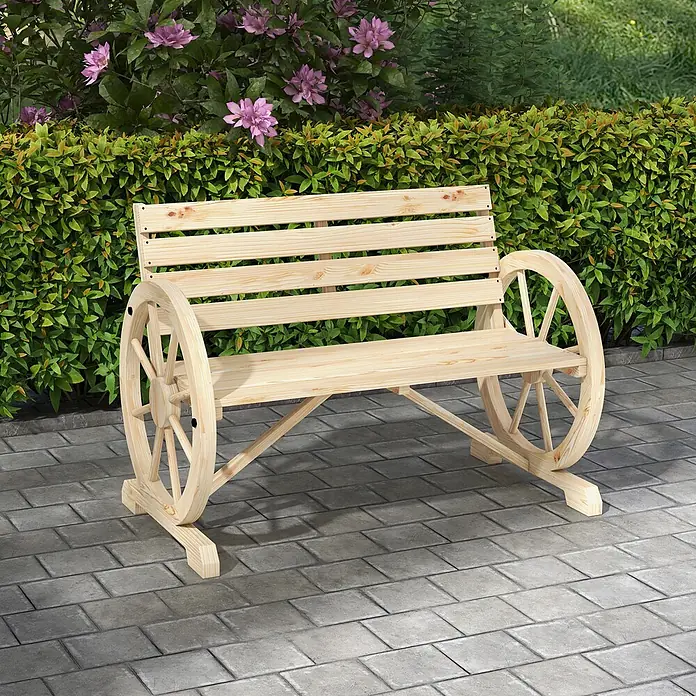Outsunny Gartenbank - Tannenholz, Naturholz - Helle Holzgartenbank mit dekorativen Wagenrad-Armlehnen.