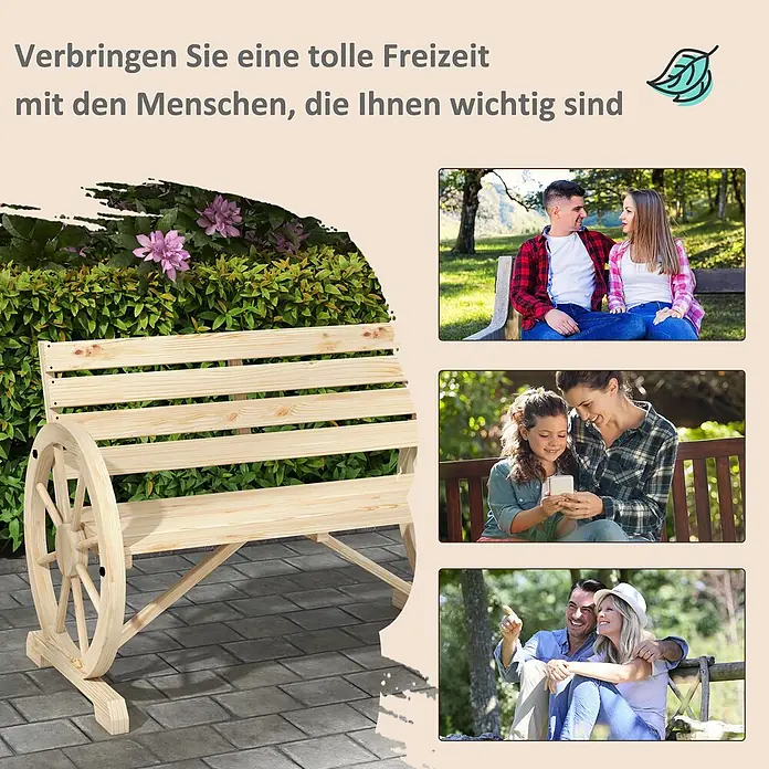 Outsunny Gartenbank - Tannenholz, Naturholz - Eine helle Holzgartenbank mit Wagenrad-Seitenstützen, ideal für Entspannung im Freien.