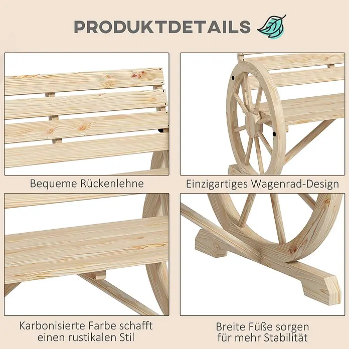 Outsunny Gartenbank - Tannenholz, Naturholz - Helle Holzbank mit Lattenrückenlehne und einzigartigen Wagenrad-Armlehnen.