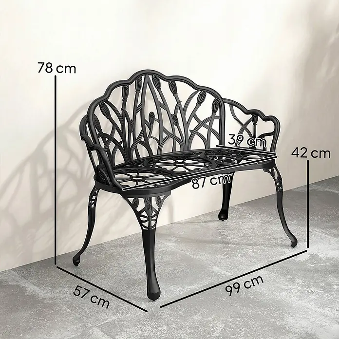 Outsunny Gartenbank - Aluminiumguss, Schwarz - Verschnörkelte schwarze Metall-Gartenbank mit H 78 cm, B 99 cm, T 57 cm, Sitz H 42 cm, Sitz T 39 cm.