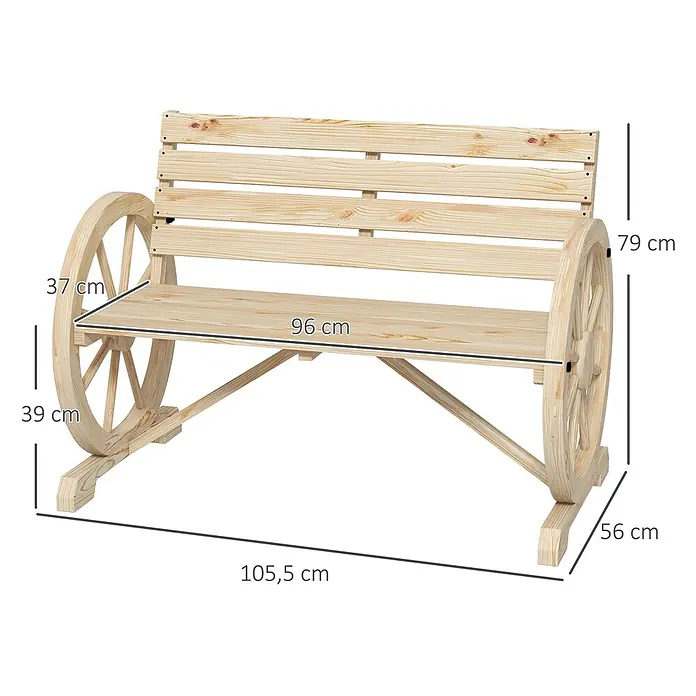 Outsunny Gartenbank - Tannenholz, Naturholz - Holzgartenbank mit Wagenrad-Armlehnen, helle Holzoptik. Lamellensitz und Rückenlehne.