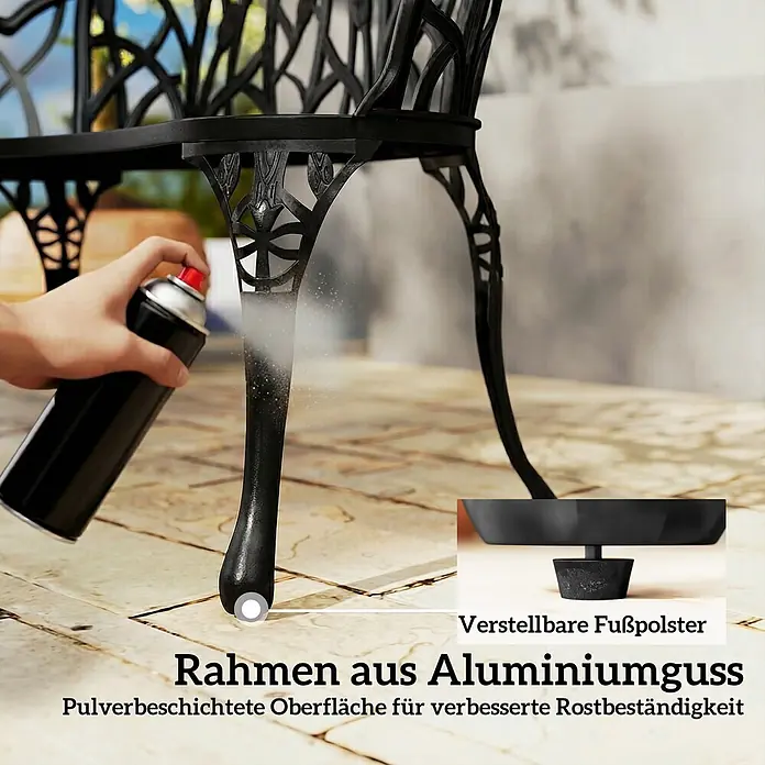 Outsunny Gartenbank - Aluminiumguss, Schwarz - Schwarzes Aluminiumguss-Stuhlbein, das für eine rostbeständige Pulverbeschichtung besprüht wird, mit verstellbarem Fußpolster.