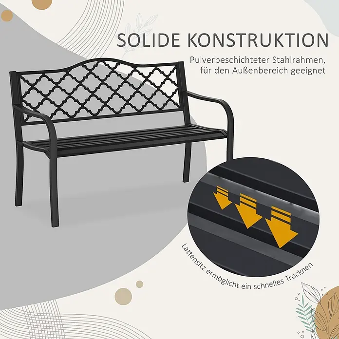 Furnicato Gartenbank Gusseisen - B x T x H: 58,5 x 128 x 89 cm, Legierter Stahl, Schwarz - Schwarze pulverbeschichtete Metall-Gartenbank mit Zierlehne und Lattenrost für schnelles Trocknen, für den Außenbereich.