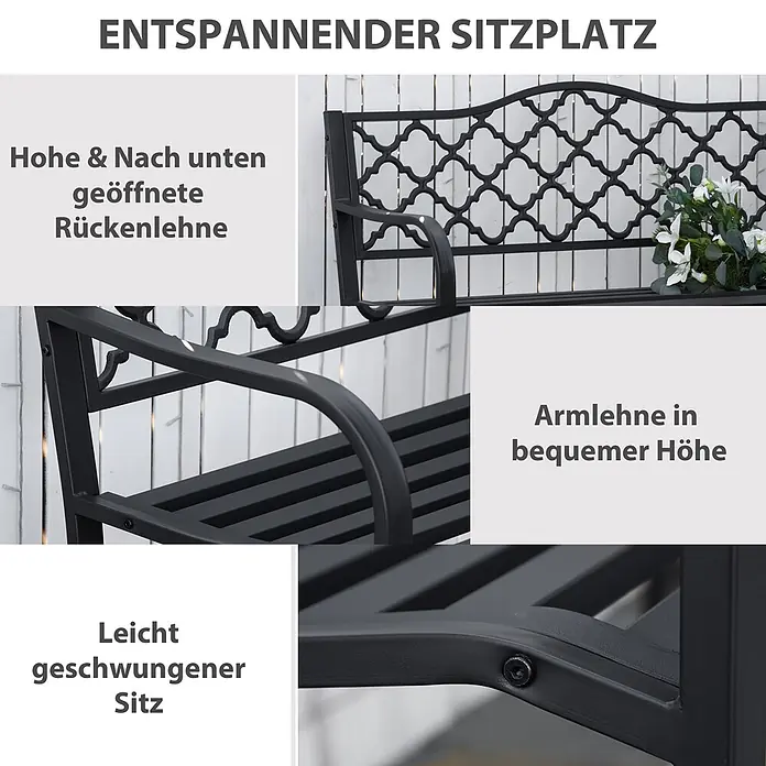 Furnicato Gartenbank Gusseisen - B x T x H: 58,5 x 128 x 89 cm, Legierter Stahl, Schwarz - Dunkelgraue Metall-Gartenbank mit dekorativer, offener Rückenlehne, bequemen Armlehnen und leicht geschwungener Lattenrost-Sitzfläche.