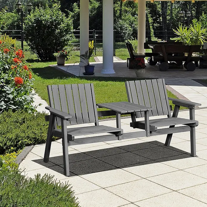 Outsunny Gartenbank - Tannenholz, Grau - Graue Holz-Gartenbank für zwei Personen mit integriertem Tisch für den Außenbereich.