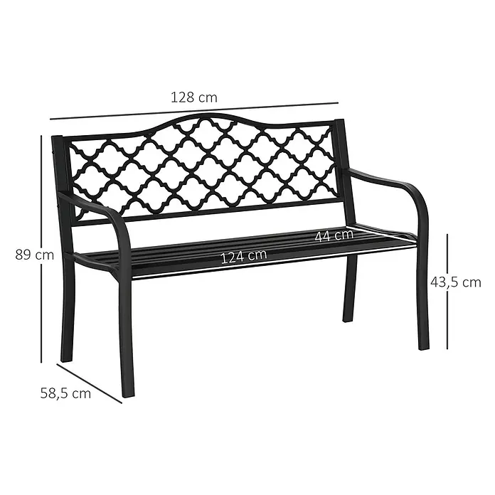 Outsunny Gartenbank - Stahl, Gusseisen, Schwarz - Schwarze Metallgartenbank mit dekorativer Rückenlehne und Armlehnen für den Außenbereich.