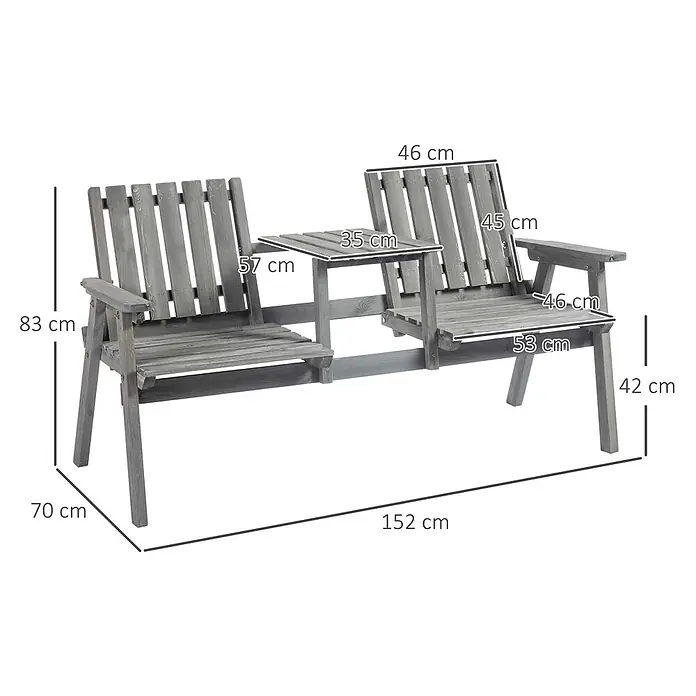 Outsunny Gartenbank - Tannenholz, Grau - Graue Gartenbank aus Holz für zwei Personen mit integriertem Beistelltisch und detaillierten Maßen.
