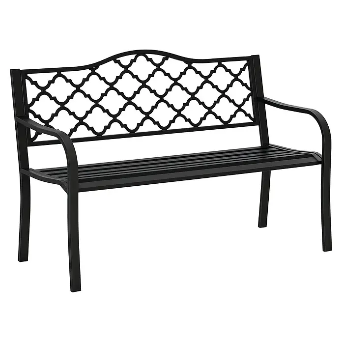Outsunny Gartenbank - Stahl, Gusseisen, Schwarz - Schwarze Gartenbank aus Metall mit verzierter Quatrefoil-Rückenlehne und Lattenrostsitzfläche.