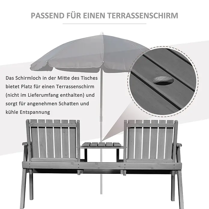 Outsunny Gartenbank - Tannenholz, Grau - Graue Holz-Gartenbank mit Mitteltisch und Schirmloch. Der Sonnenschirm ist nicht enthalten.