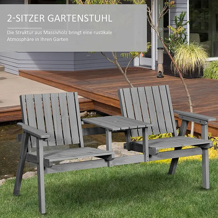Outsunny Gartenbank - Tannenholz, Grau - Grauer 2-Sitzer Gartenstuhl aus Massivholz mit integriertem Tisch, ideal für den Garten.
