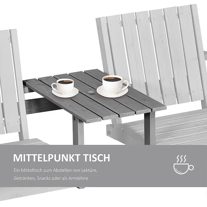 Outsunny Gartenbank - Tannenholz, Grau - Graue Gartenbank aus Holz mit mittigem Latten-Tisch und zwei Kaffeetassen, ideal für Getränke oder Snacks.