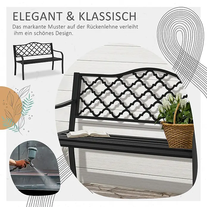 Furnicato Gartenbank Gusseisen - B x T x H: 58,5 x 128 x 89 cm, Legierter Stahl, Schwarz - Schwarze Metall-Gartenbank mit dekorativem Rückenlehnenmuster, für den Außenbereich.