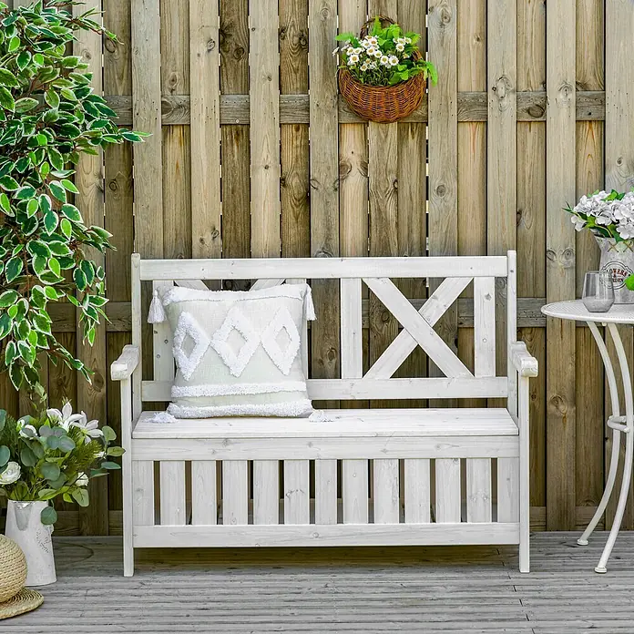 Outsunny Gartenbank - B x T x H: 61 x 61 x 85 cm, Tannenholz, Weiß - Weiße Holz-Gartenbank mit Stauraum und dekorativem Kissen.