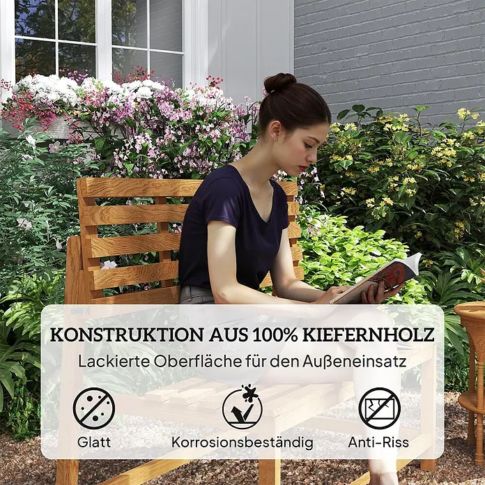 Outsunny Gartenbank - B x T x H: 61 x 61 x 89 cm, Kiefernholz, Teak - Kiefernholz-Gartenbank mit lackierter Oberfläche für den Außeneinsatz. Eine Person sitzt lesend darauf.