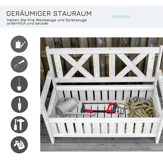 Outsunny Gartenbank - B x T x H: 61 x 61 x 85 cm, Tannenholz, Weiß - Weiße Holz-Aufbewahrungsbank mit Gartengeräten darin.