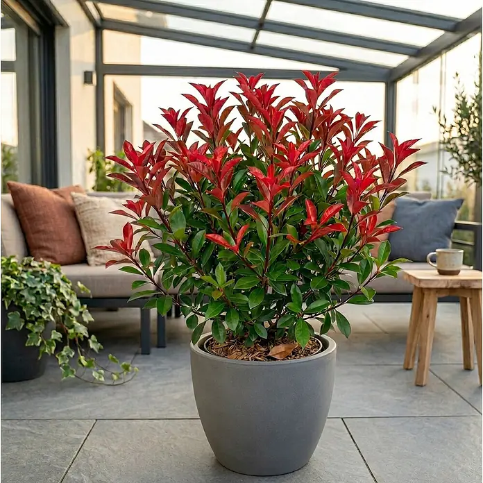 Piardino Glanzmispel Carré Rouge - Photinia fraseri 'Carré Rouge', 10 l - Eine leuchtend rot-grüne Pflanze in einem grauen Topf auf einer Terrasse.