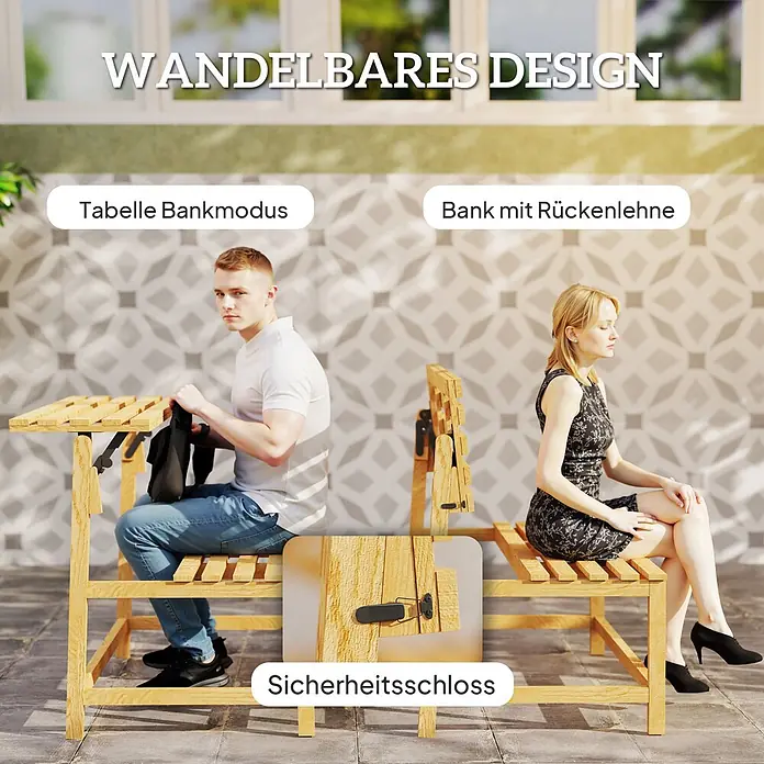 Outsunny Gartenbank - B x T x H: 61 x 61 x 89 cm, Kiefernholz, Teak - Helle Holz-Wandelbank und -tisch in zwei Modi mit Personen gezeigt, inklusive Sicherheitsschloss.