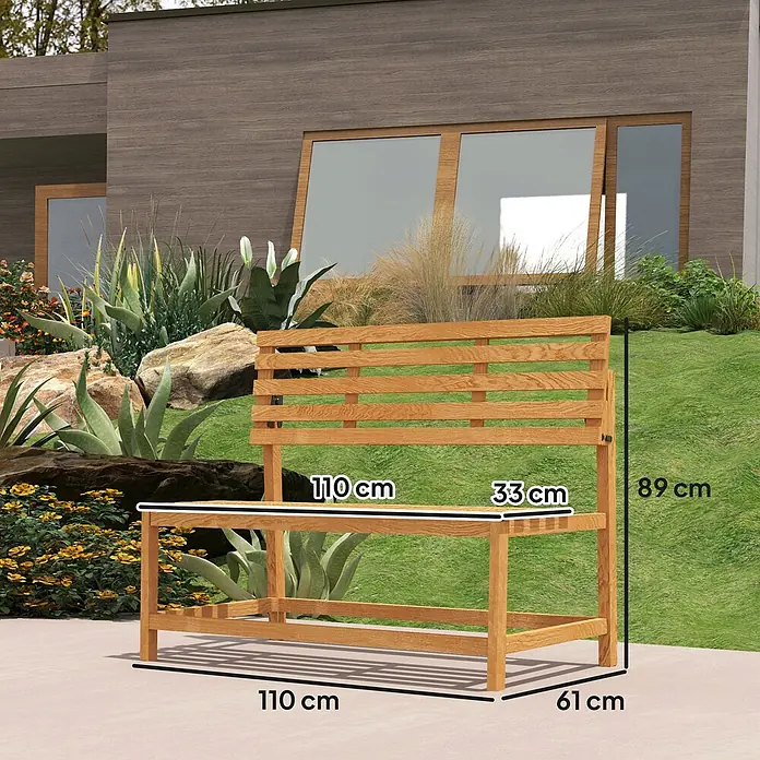Outsunny Gartenbank - B x T x H: 61 x 61 x 89 cm, Kiefernholz, Teak - Gartenbank aus Holz mit Lamellendesign, 110 cm lang, 61 cm tief und 89 cm hoch, in einer Außenumgebung.