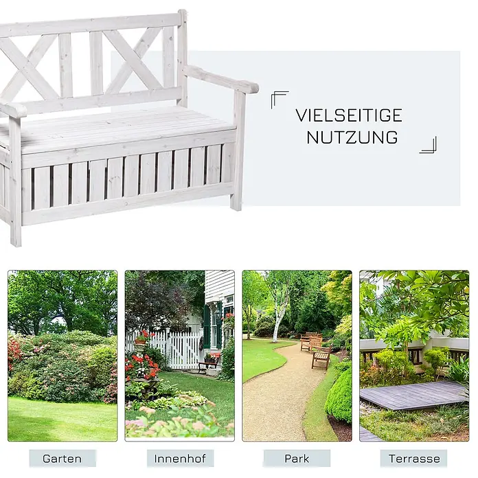 Outsunny Gartenbank - B x T x H: 61 x 61 x 85 cm, Tannenholz, Weiß - Weiße Holzbank mit Stauraum für vielseitige Nutzung in Garten, Innenhof, Park oder auf der Terrasse.