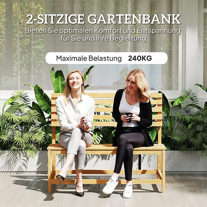 Outsunny Gartenbank - B x T x H: 61 x 61 x 89 cm, Kiefernholz, Teak - Gartenbank aus Naturholz für 2 Personen, auf der zwei Frauen sitzen.