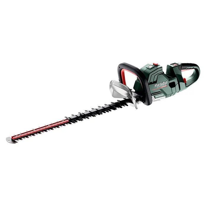 Metabo CAS 18V Akku-Heckenschere HS 18 LTX BL 65 - 18 V, Ohne Akku, Schnittlänge: 60 cm - Metabo HS 18 LTX BL 65 bürstenlose Heckenschere mit grün-schwarzem Gehäuse, roten Griffen und langen, scharfen Klingen.