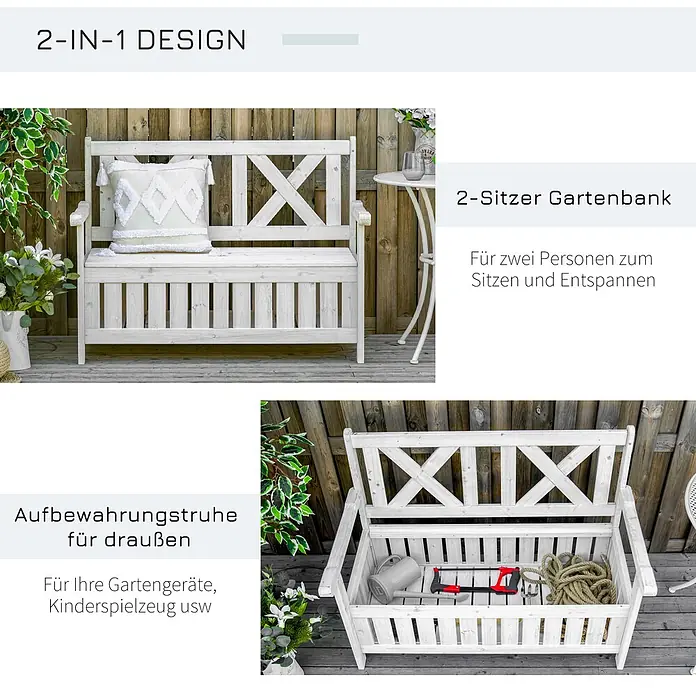 Outsunny Gartenbank - B x T x H: 61 x 61 x 85 cm, Tannenholz, Weiß - Weiße 2-Sitzer Gartenbank aus Holz mit integriertem Stauraum für Gartenartikel.