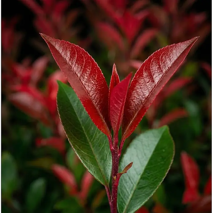 Piardino Glanzmispel Carré Rouge - Photinia fraseri 'Carré Rouge', 10 l - Leuchtend rote neue Blätter kontrastieren mit älteren grünen Blättern an einem Pflanzenstiel.