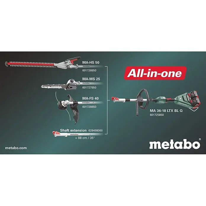 Metabo Heckenscheren-Aufsatz - Passend für: Akku-Multifunktionsantrieb MA 36-18 LTX BL Q - Metabo 36-18 LTX BL Q Antriebseinheit mit Heckenscheren-, Kettensägen-, Fadenschneider- und Schaftverlängerungsaufsätzen. Grüne, schwarze, silberne Werkzeuge.