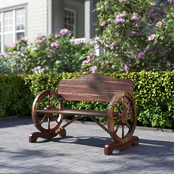 Outsunny Gartenbank - B x T x H: 55 x 55 x 80 cm, Tannenholz, Verkohlt - Dunkelbraune Gartenbank aus Holz mit Wagenrad-Armlehnen.