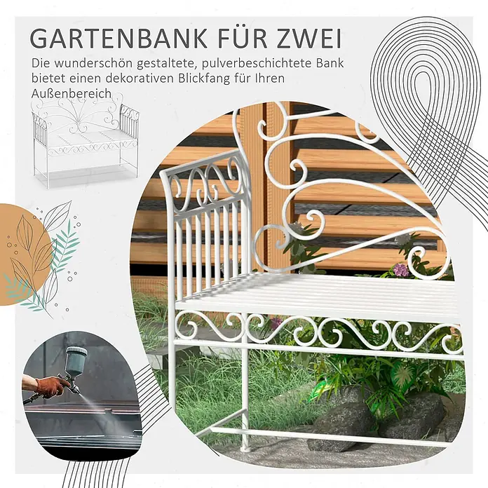 Outsunny Gartenbank - Metall, Weiß - Dekorative weiße pulverbeschichtete Gartenbank für zwei, ideal für den Außenbereich.
