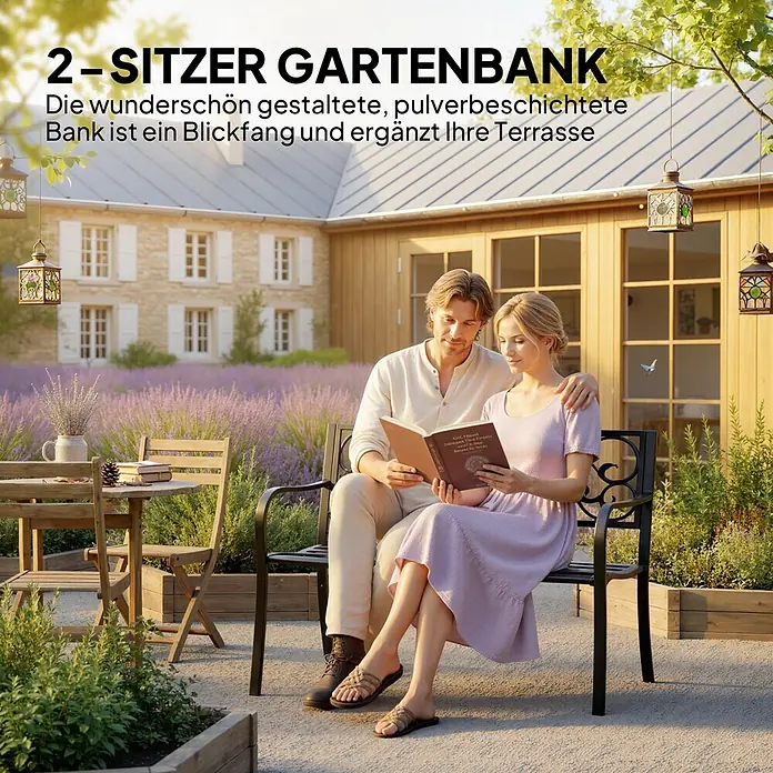Furnicato Gartenbank Epoxy-Metall - B x T x H: 60 x 127 x 89 cm, Metall, Schwarz - Schwarze pulverbeschichtete 2-Sitzer Gartenbank mit dekorativen Armlehnen, auf einer Terrasse.