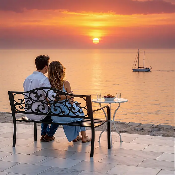 Furnicato Gartenbank Epoxy-Metall - B x T x H: 60 x 127 x 89 cm, Metall, Schwarz - Schwarze verzierte Metallgartenbank, auf der ein Paar den Sonnenuntergang am Meer genießt.
