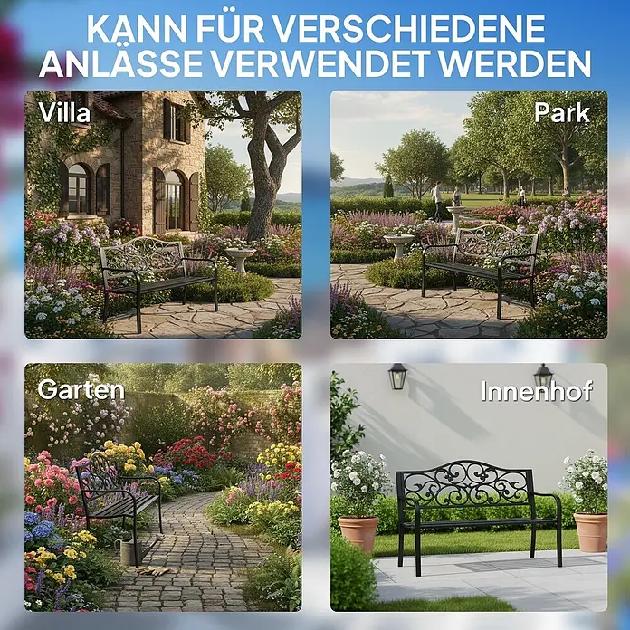 Furnicato Gartenbank Epoxy-Metall - B x T x H: 60 x 127 x 89 cm, Metall, Schwarz - Schwarze Metallgartenbank mit verzierter Rückenlehne, vielseitig einsetzbar in Villa, Park, Garten und Innenhof.