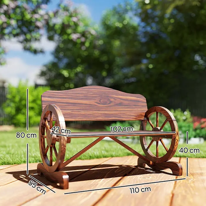 Outsunny Gartenbank - B x T x H: 55 x 55 x 80 cm, Tannenholz, Verkohlt - Braune Holzgartenbank mit Wagenrad-Armlehnen, im Freien. Maße: 110 cm B, 80 cm H.