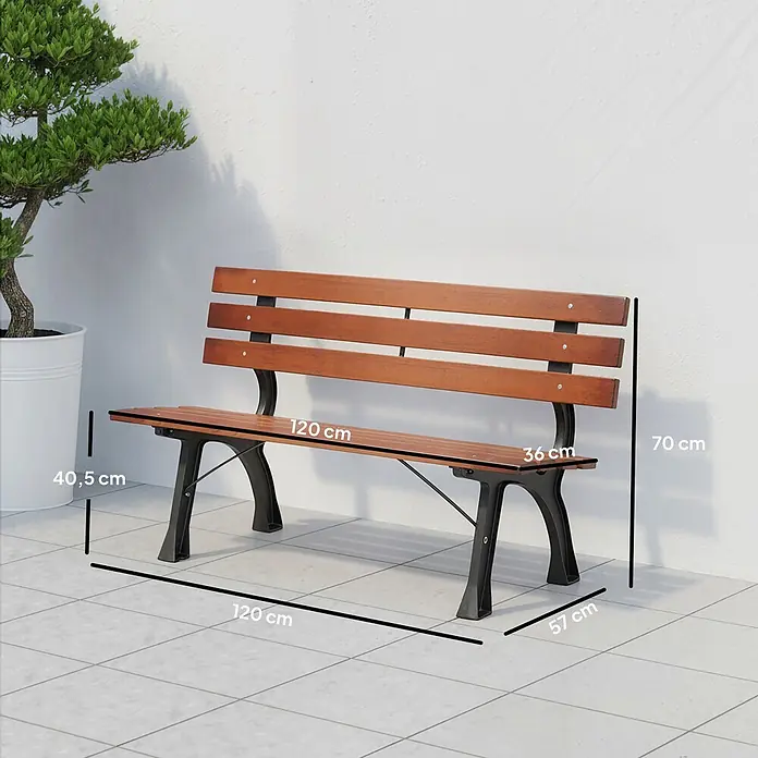 Outsunny Gartenbank - B x T x H: 57 x 57 x 70 cm, Gusseisen, Tannenholz, Kaffee - Braune Holzgartenbank mit schwarzem Metallgestell, Maße 120x57x70 cm (BxTxH), Sitzhöhe 40,5 cm.
