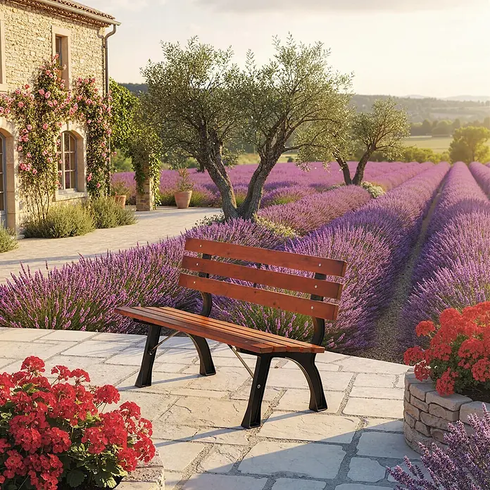 Outsunny Gartenbank - B x T x H: 57 x 57 x 70 cm, Gusseisen, Tannenholz, Kaffee - Eine braune Holzparkbank mit schwarzen Metallbeinen auf einer Steinterrasse, inmitten eines malerischen Lavendelfeldes.