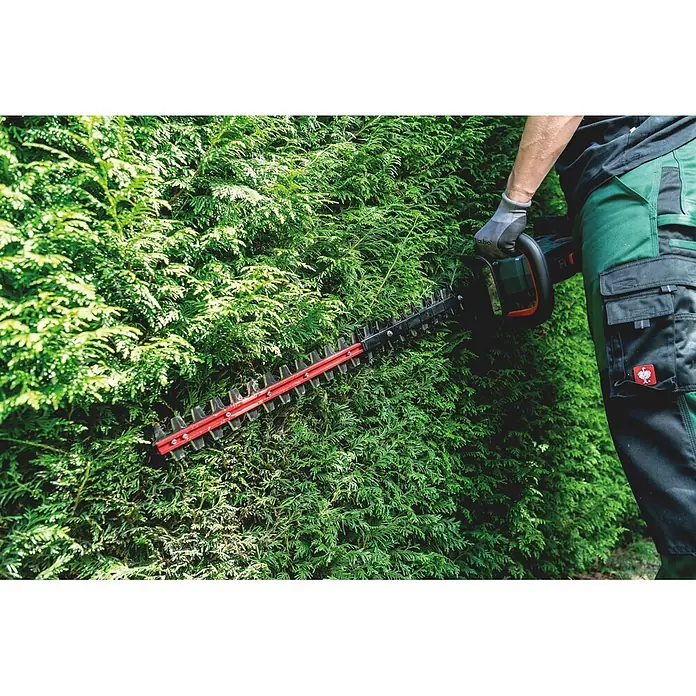 Metabo CAS 18V Akku-Heckenschere HS 18 LTX BL 65 - 18 V, Ohne Akku, Schnittlänge: 60 cm - Eine Person trimmt eine grüne Hecke mit einer Heckenschere mit roten und schwarzen Klingen.
