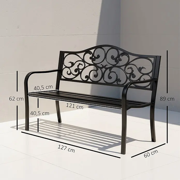 Outsunny Gartenbank - Stahl, Schwarz - Schwarze Metallgartenbank mit kunstvollen Schnörkeln und Maßen: 127 cm L x 60 cm B x 89 cm H.